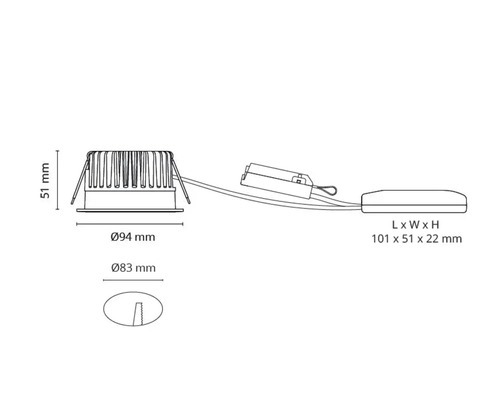 Teknisk ritning av en infälld lampa med måtten 51 mm höjd, 94 mm diameter och 83 mm diameter.