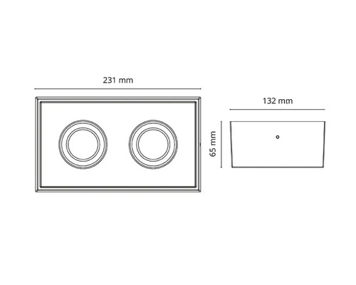 Teknisk ritning av en dubbel infälld armatur med dimensioner