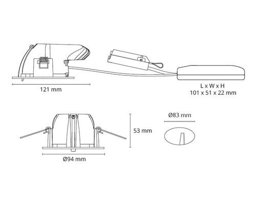 Mått på en infälld spotlight med måtten 121 mm längd, 94 mm diameter, 53 mm höjd och 83 mm diameter
