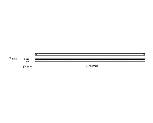 Teknisk ritning av profilen med måtten 870 mm längd, 17 mm höjd och 7 mm bredd