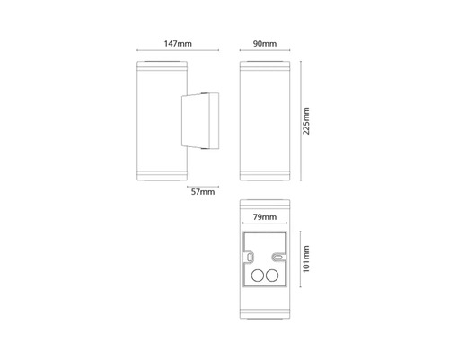 Teknisk ritning av en vägglampa med mått.