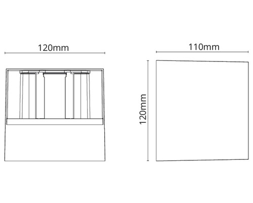 Teknisk ritning av en lampa med måtten 120 mm och 110 mm