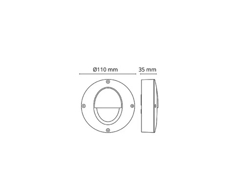 Teknisk ritning av en rund lampa med måtten 110 millimeter i diameter och 35 millimeter i djup