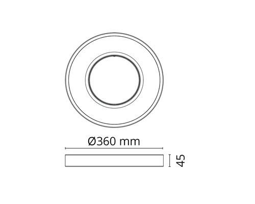 Teknisk ritning av en rund taklampa med måtten 360 mm i diameter och 45 mm i höjd.