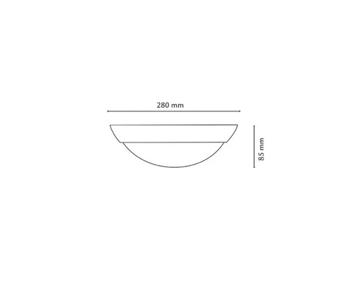 Skiss av en vägglampa med måtten 280 millimeter bred och 85 millimeter hög