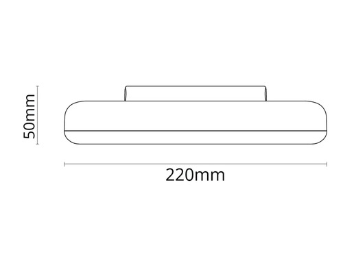 Teknisk ritning av en lampa med måtten 220 millimeter gånger 50 millimeter
