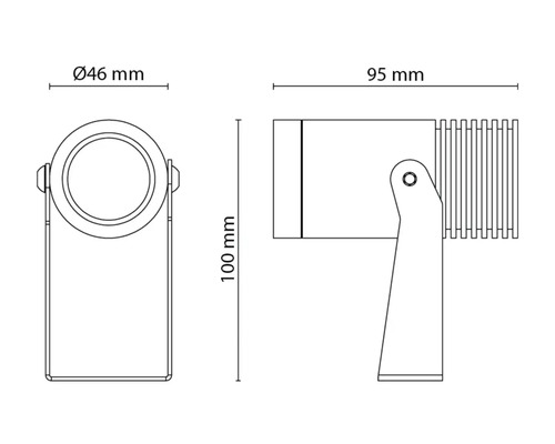 Teknisk ritning av en lampa med måtten 46 mm diameter, 95 mm längd och 100 mm höjd.