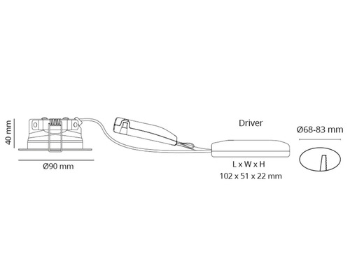 Teknisk ritning av en infälld lampa med måtten diameter 90 millimeter, höjd 40 millimeter, drivrutinslängd 102 millimeter, drivrutinsbredd 51 millimeter, drivrutinshöjd 22 millimeter och diameter på urtaget 68 till 83 millimeter