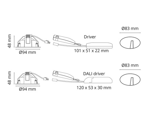 Teknisk ritning av infälld spotlight med måttangivelser för diameter, höjd och drivdon
