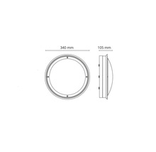Teknisk ritning av en rund taklampa med måtten 340 mm diameter och 105 mm höjd