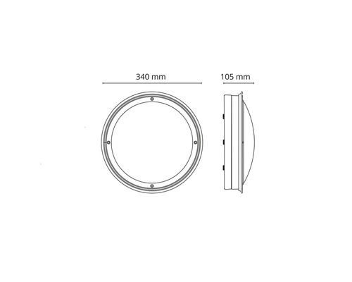 Teknisk ritning av en rund taklampa med måtten 340 mm diameter och 105 mm höjd