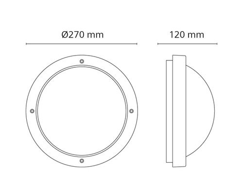 Teknisk ritning av en rund taklampa med måtten 270 mm i diameter och 120 mm i djup.