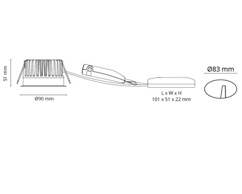 Teknisk ritning av en infälld armatur med måttangivelser