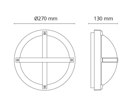 Teknisk ritning av en rund lampa med måtten 270 mm diameter och 130 mm djup.