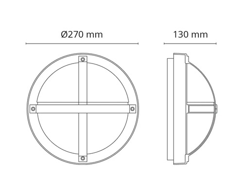 Teknisk ritning av en rund lampa med måtten 270 mm diameter och 130 mm djup.