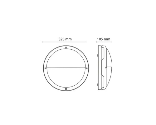 Teknisk ritning av en rund vägglampa med måtten 325 mm bred och 105 mm djup