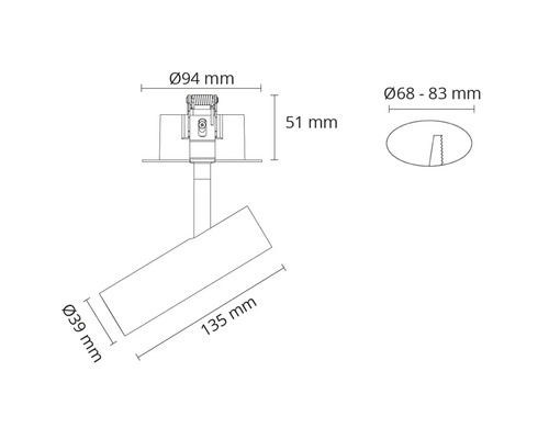 Teknisk ritning av en strålkastare med måtten diameter 94 mm, 51 mm, diameter 68 - 83 mm, diameter 39 mm och 135 mm.