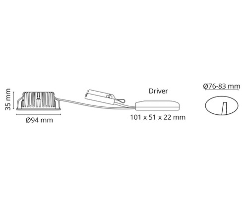 Teknisk ritning av en lampa med måtten 35 millimeter hög, 94 millimeter i diameter och en drivrutin på 101 x 51 x 22 millimeter.