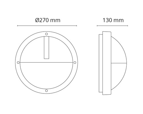 Teknisk ritning av en rund vägglampa med måtten 270 mm i diameter och 130 mm i djup.