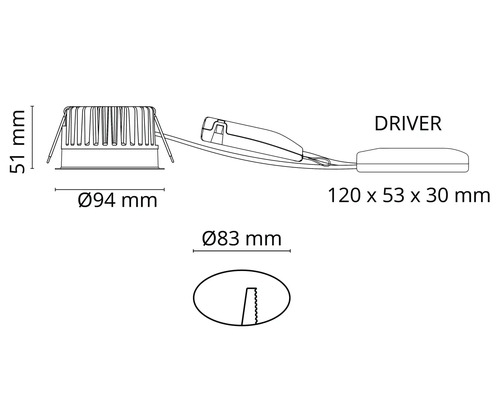 Teknisk ritning av en infälld spotlight med måtten 51 mm höjd, 94 mm diameter, 83 mm diameter för öppningen och en drivrutin på 120 x 53 x 30 mm.