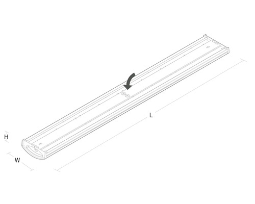 Teknisk ritning av en LED-lampa med längd-, bredd- och höjdmått