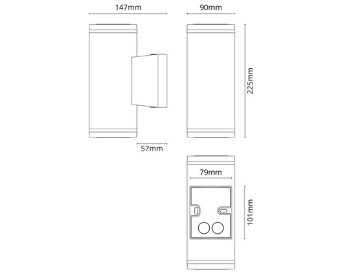 Teknisk ritning av en vägglampa med måttangivelser