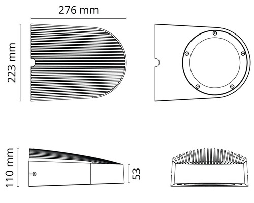 Teknisk ritning av en vägglampa med dimensioner i millimeter