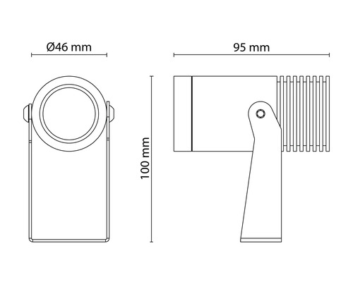 Teknisk ritning av en armatur med måtten 46 millimeter i diameter, 95 millimeter i längd och 100 millimeter i höjd