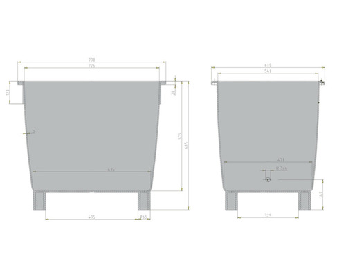 Teknisk ritning av en planteringslåda med mått