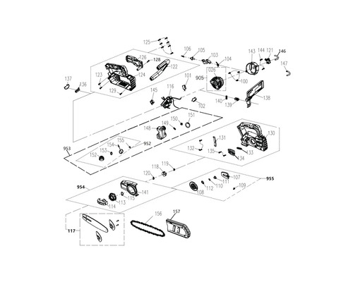 Sprängskiss av en motorsåg som visar delarnas placering