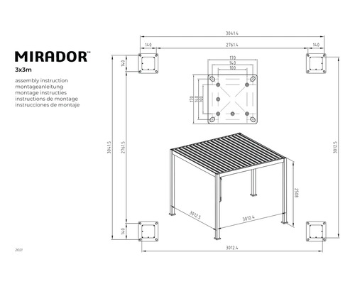 Monteringsanvisning för en 3x3 meter Mirador paviljong med dimensioner