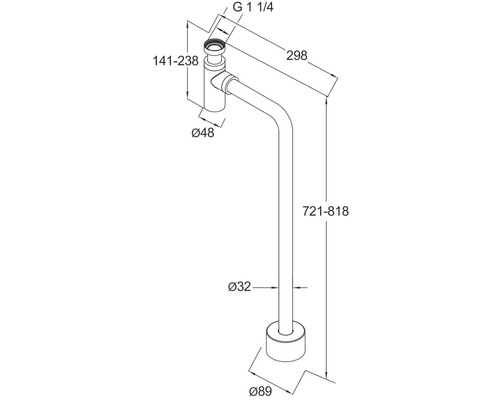 Teknisk ritning av en vattenlås med mått.