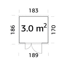 Planritning med ytangivelse 3.0 kvadratmeter och mått i centimeter