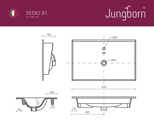 Teknisk ritning av ett Jungborn tvättställ med mått