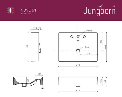 Teknisk ritning tvättställ NOVE 61 från Jungborn med måttangivelser