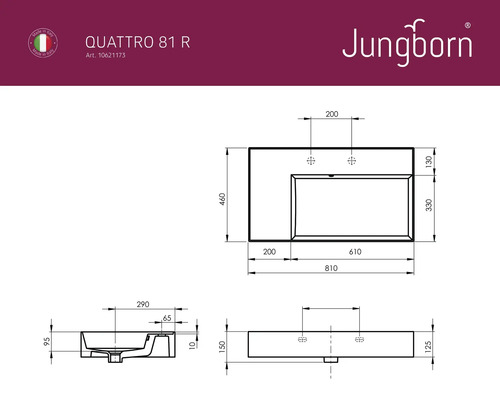 Teknisk ritning av ett Jungborn Quattro 81 R tvättställ med måttangivelser