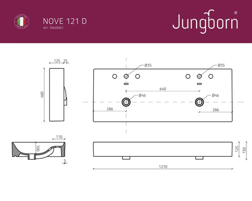Teknisk ritning av Jungborn Nove 121 D tvättställ med måttangivelser