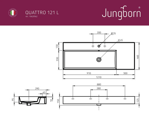 Teknisk ritning av Jungborn Quattro 121 L tvättställ med måttangivelser