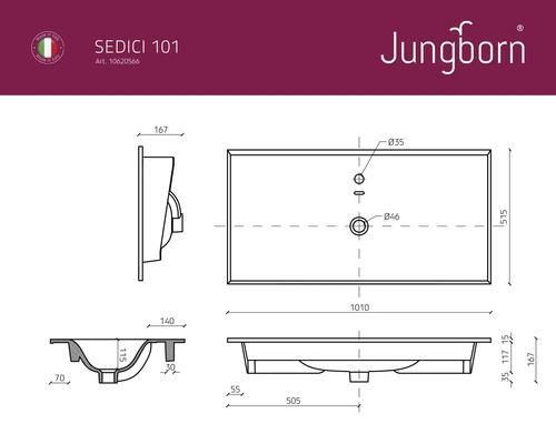 Teknisk ritning av Jungborn Sedici 101 tvättställ med måttangivelser