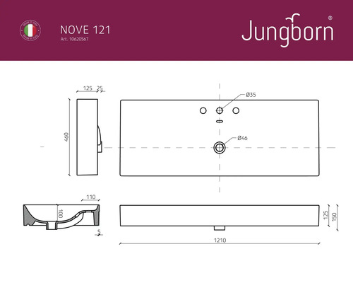 Teknisk ritning tvättställ med mått