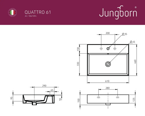 Teknisk ritning tvättställ med måttangivelser