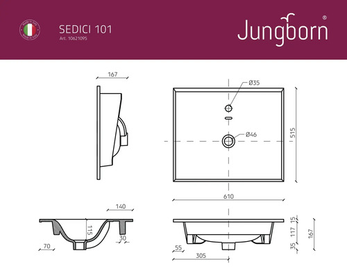 Teknisk ritning av Jungborn Sedici 101 tvättställ med mått