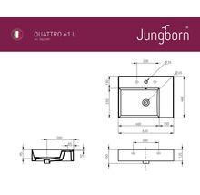 Teknisk ritning av Jungborn Quattro 61 L tvättställ med mått