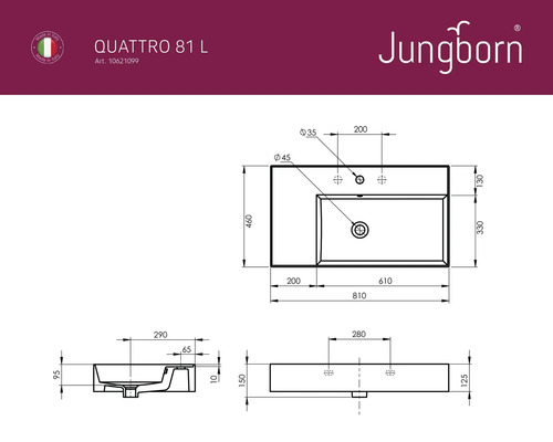 Teknisk ritning av ett tvättställ med mått