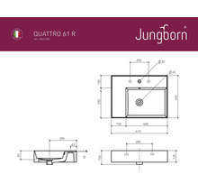 Teknisk ritning av ett Jungborn Quattro 61 R tvättställ med måttangivelser