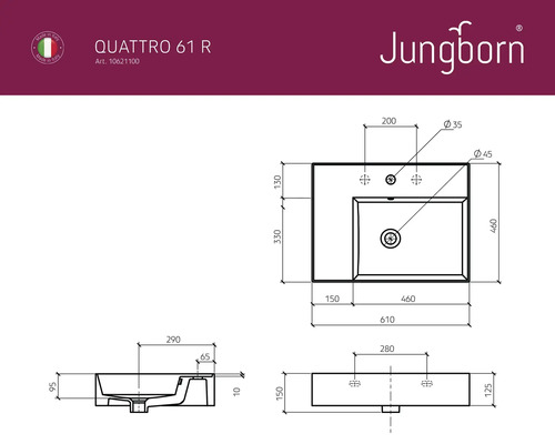 Teknisk ritning av ett Jungborn Quattro 61 R tvättställ med måttangivelser