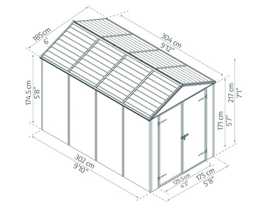 Illustration av ett trädgårdsskjul med dimensioner