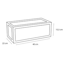 Bild på en planteringslåda som mäter 40 centimeter lång, 22 centimeter bred och 15,5 centimeter hög.