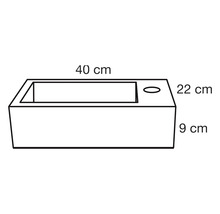 Skiss av en tvättställ med måtten 40 cm, 22 cm och 9 cm.
