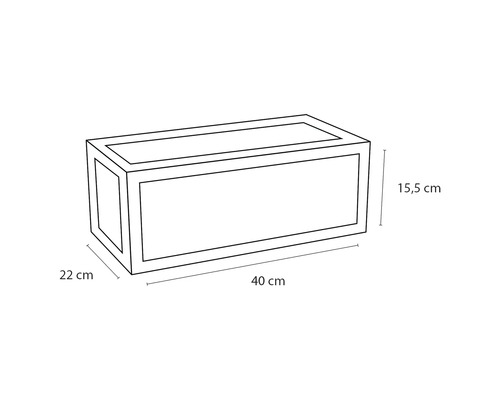 Skiss av en planteringslåda med måtten 40 cm lång, 22 cm bred och 15,5 cm hög.